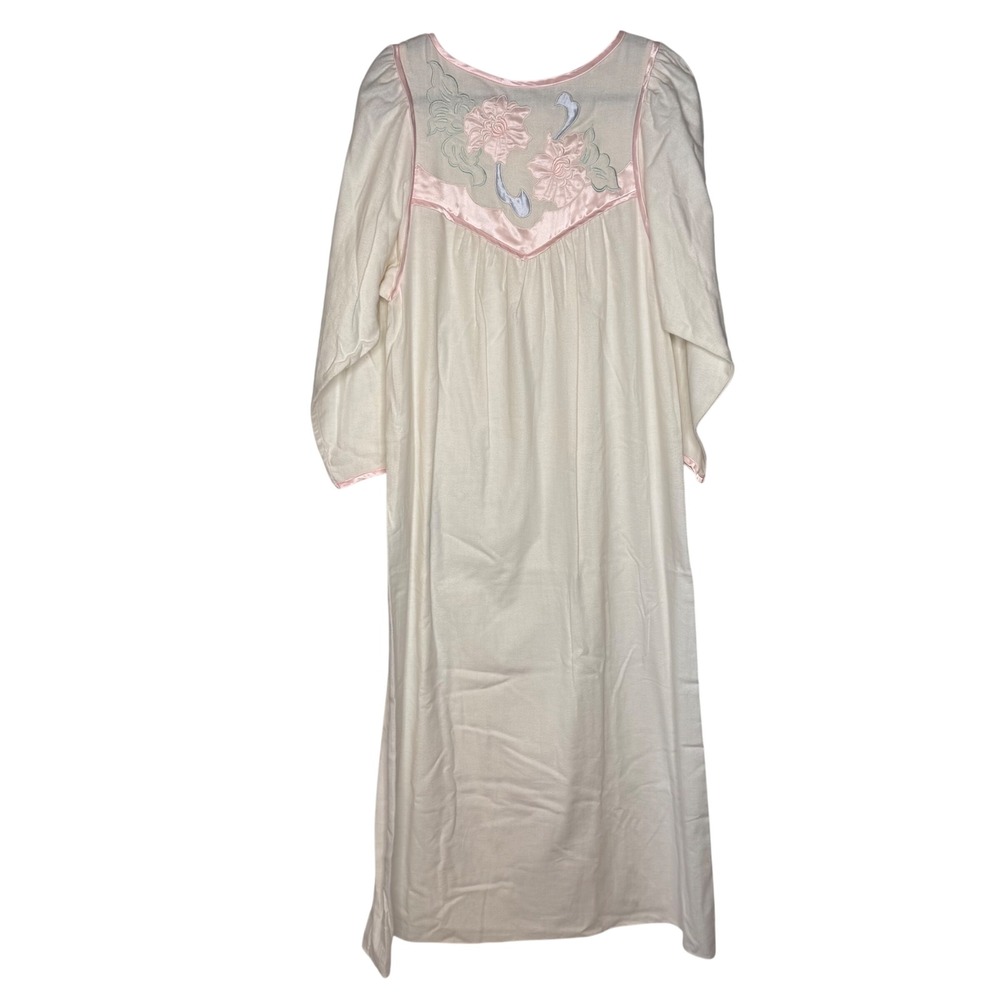NWT VTG Natori Cottagecore White‎ Cotton Nightgown Floral Embroidery Satin Trim